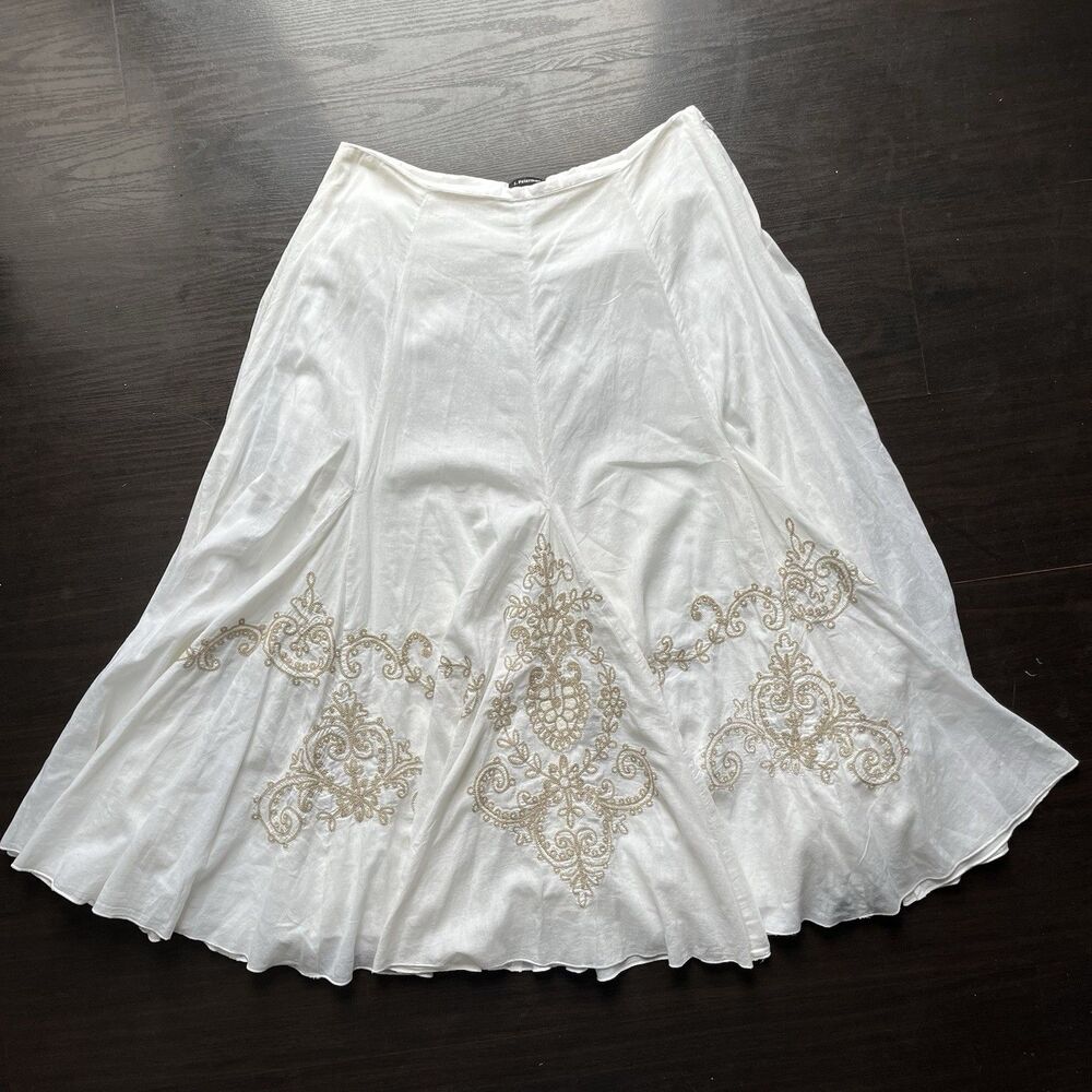 J. Peterman 100% Cotton White Maxi Skirt Size 12 Embroidered Lined Coastal Boho